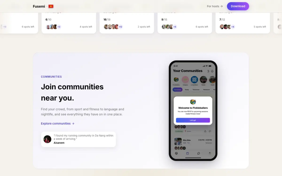 Fusemi communities screen in the mobile app