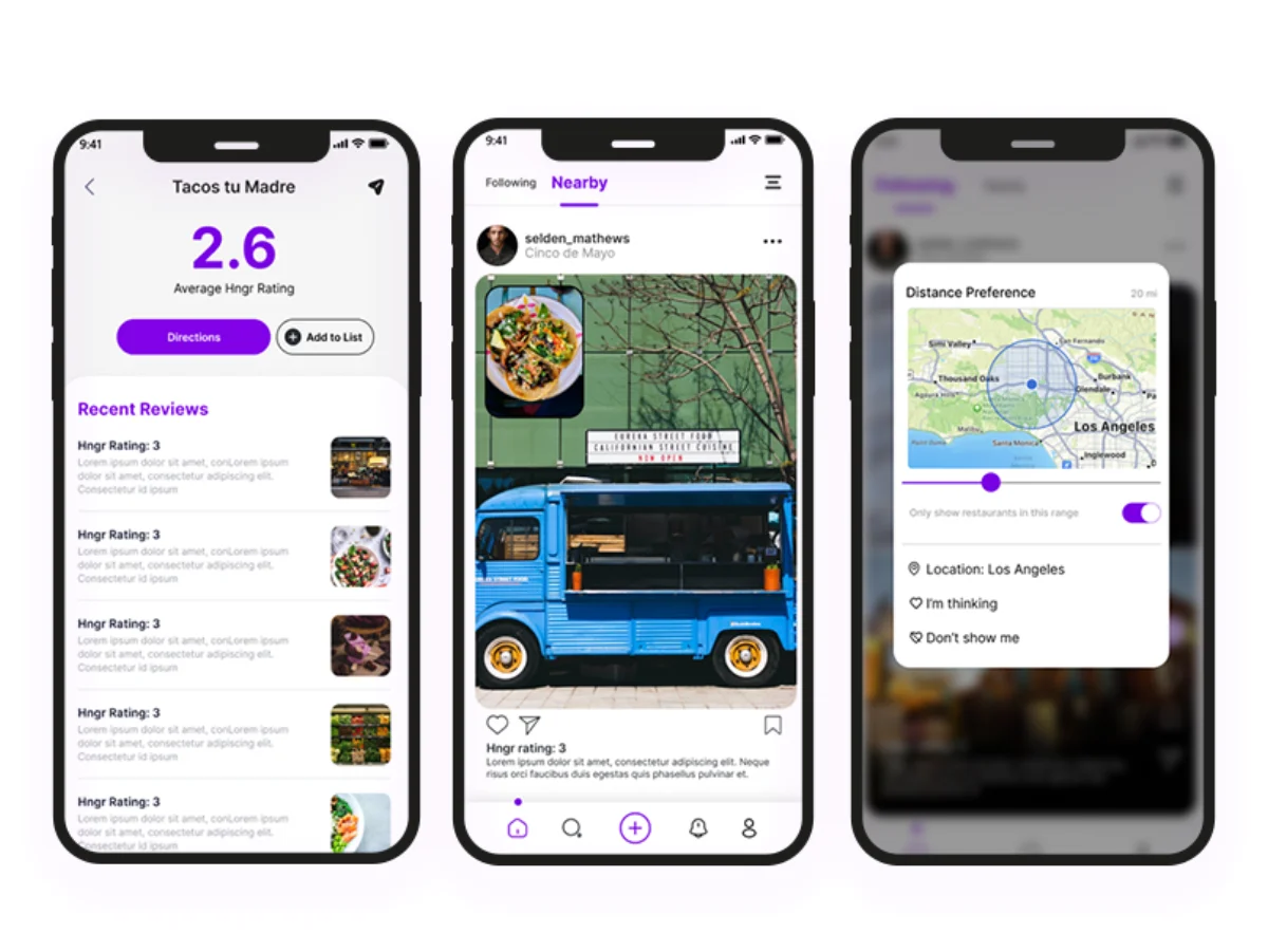 HNGR app screens showcase