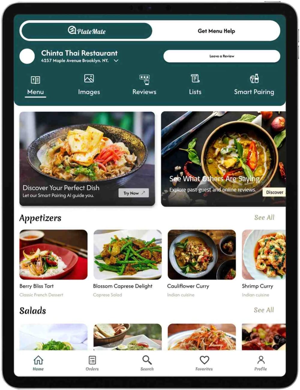 PlateMate tablet experience in restaurant
