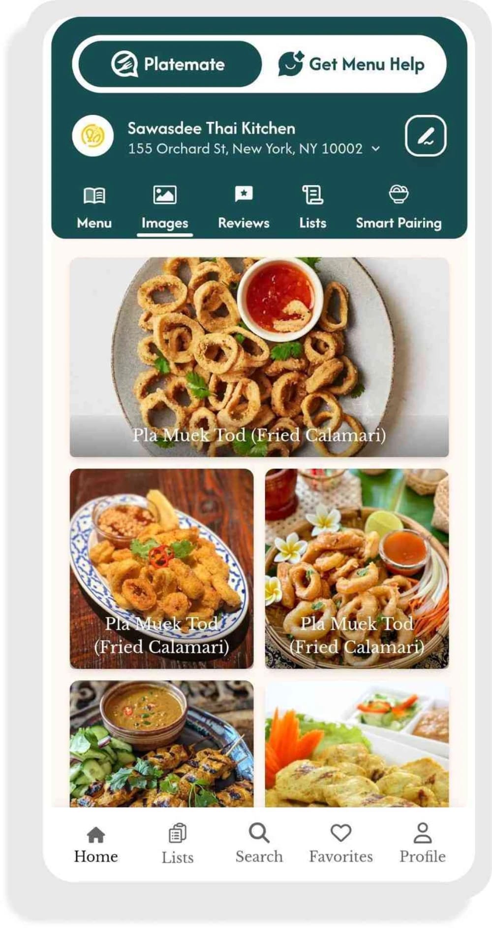 PlateMate mobile menu with AI recommendations