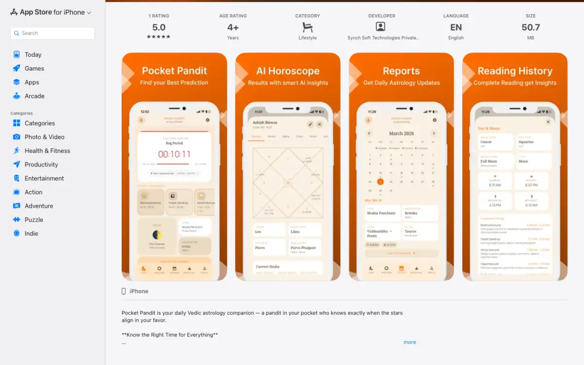 Pocket Pandit app screenshots — Panchang, AI Horoscope, Reports