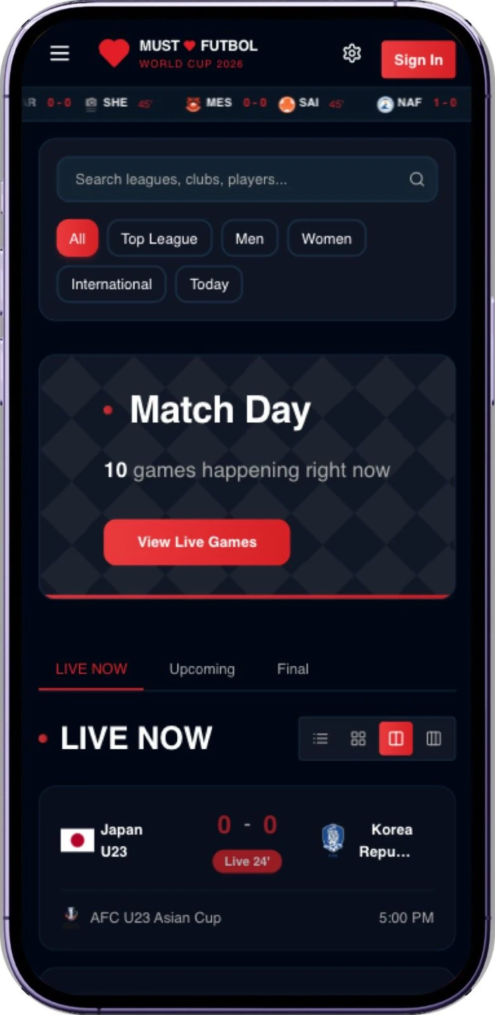 Must Love Futbol live scores dashboard