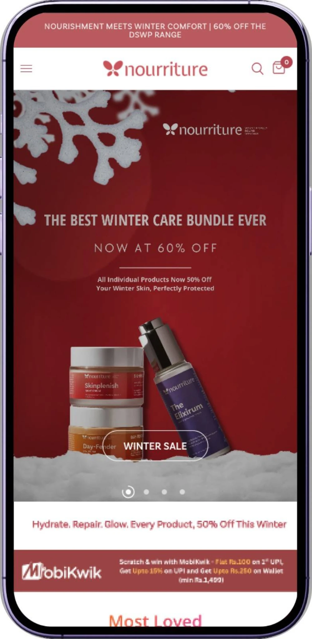 Nourriture homepage showcasing premium skincare products