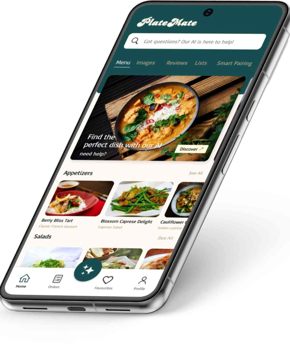 PlateMate menu interface showcasing dish details