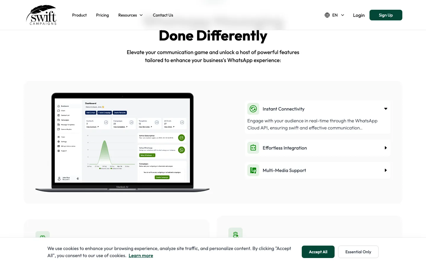 Swift Campaigns dashboard showing campaign analytics, delivery stats, and real-time performance metrics