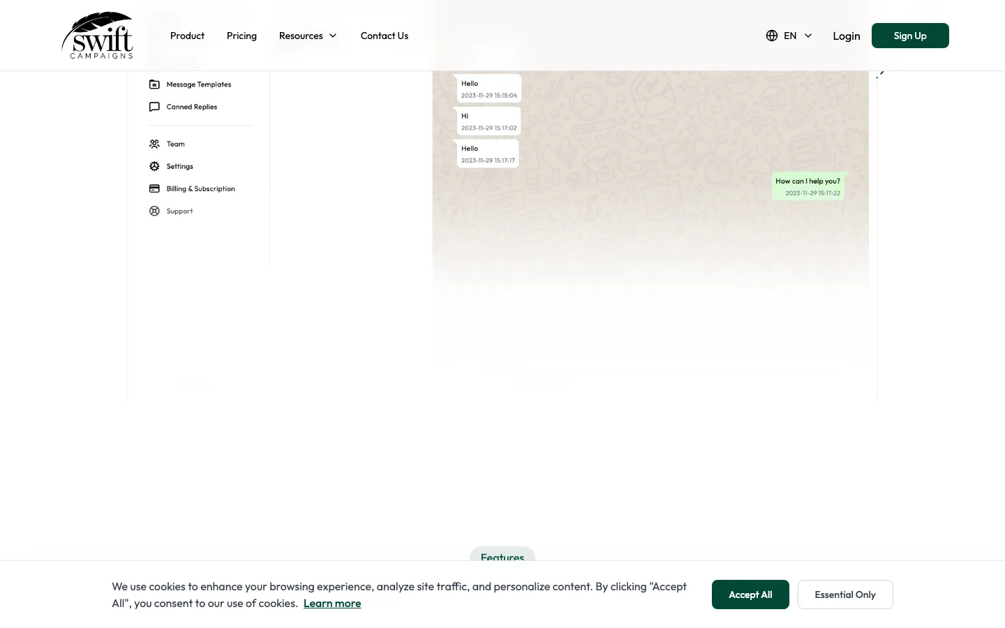 Swift Campaigns features including bulk messaging, analytics, and AI tools