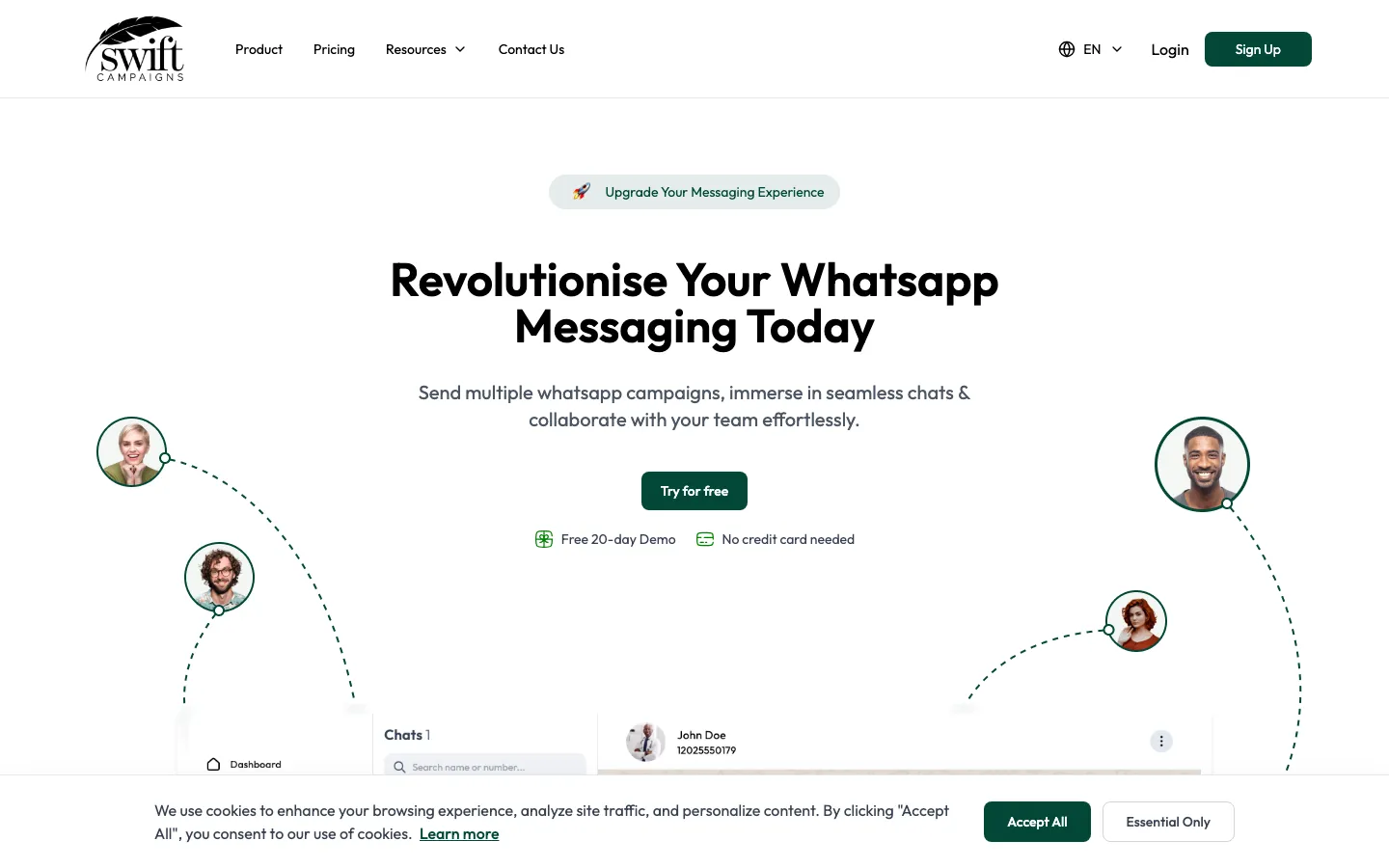 Swift Campaigns homepage showing WhatsApp marketing platform overview