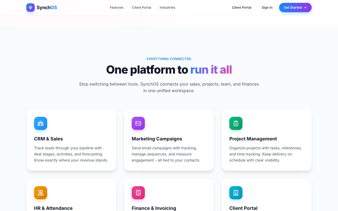 SynchOS features overview showing CRM, project management, HR, and finance capabilities