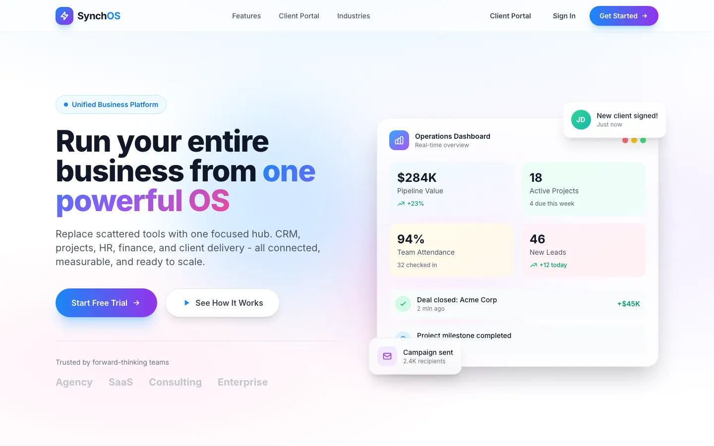 SynchOS dashboard showing revenue overview, active projects, team members, and recent activity