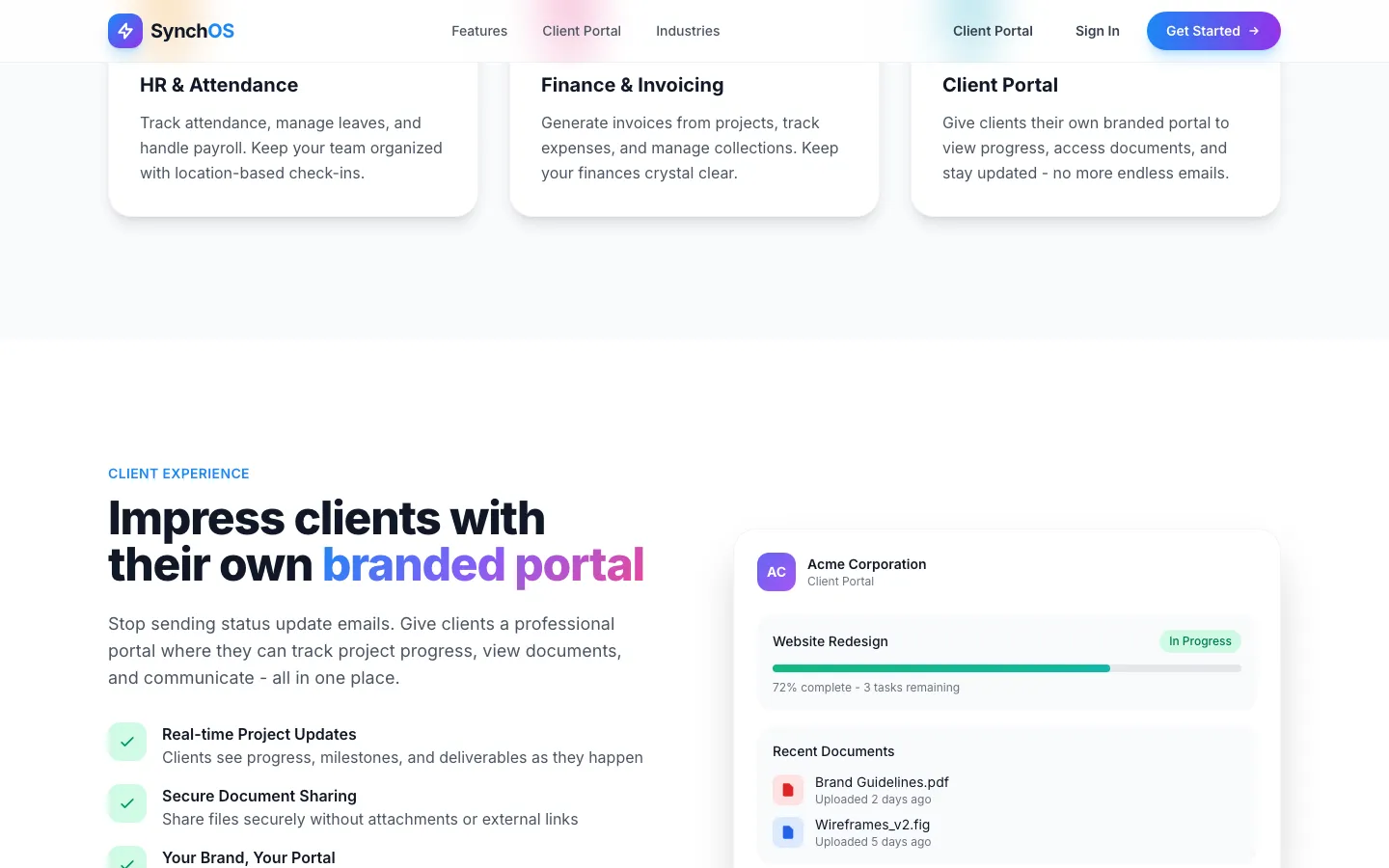 SynchOS modules and capabilities including analytics dashboards and client portal